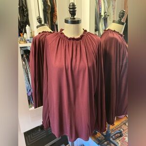 LOFT Long Sleeve Burgundy Maroon Top with Ruffles, Size XL
